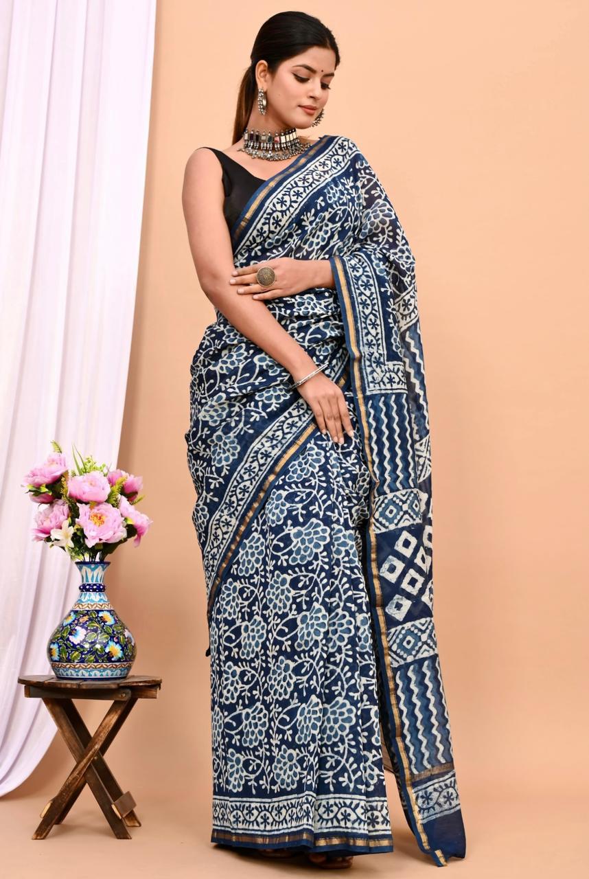 Hand Block Prninted Chanderi Saree .