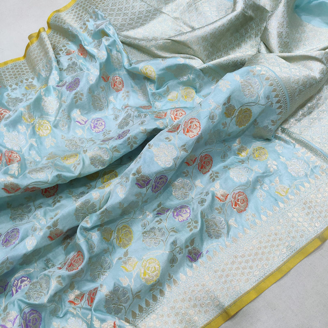 Pure Banarasi Handloom Katan Silk Saree With Beautiful Golden Zari And Meenakari jaal.