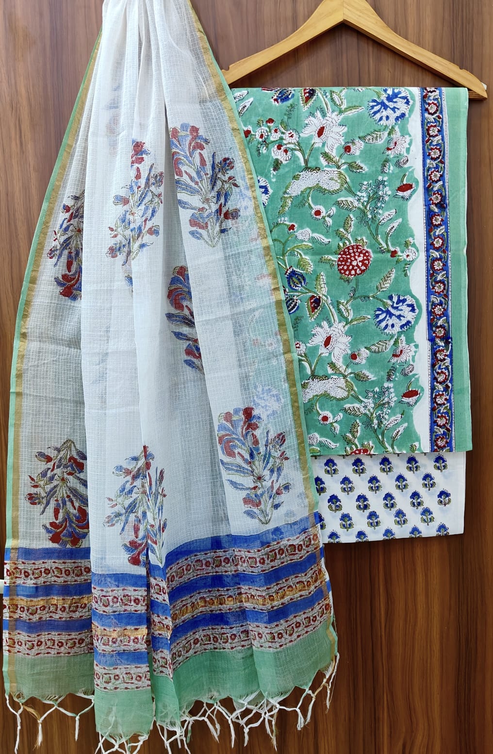 Pure Cotton Hand block print Unstitched Suit with Kota Dupatta .