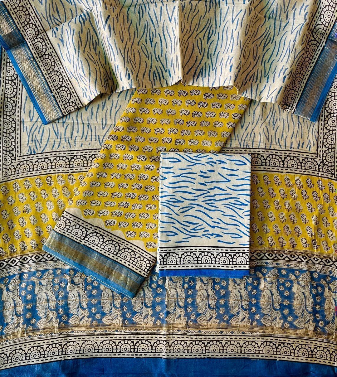 Pure Maheshwari Silk Hand block print Unstitched Suit.