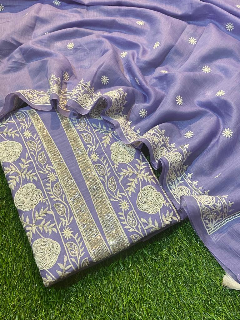 Pure Banarasi Mul-mul Chanderi Hand Moti work weaved unstitched suit.