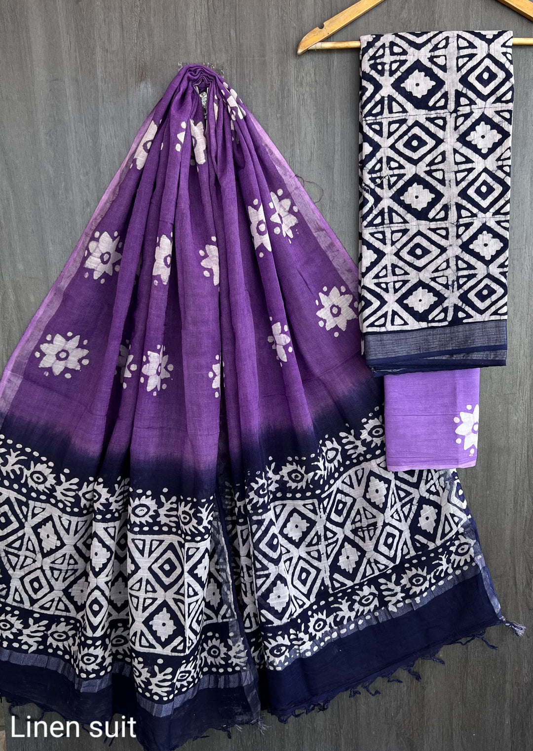 Hand Block Printed Linen Unstitched Suit .