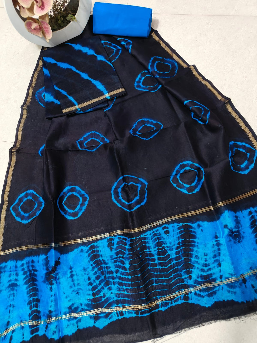 Pure Hand Block Chanderi Silk Unstitched Suit .