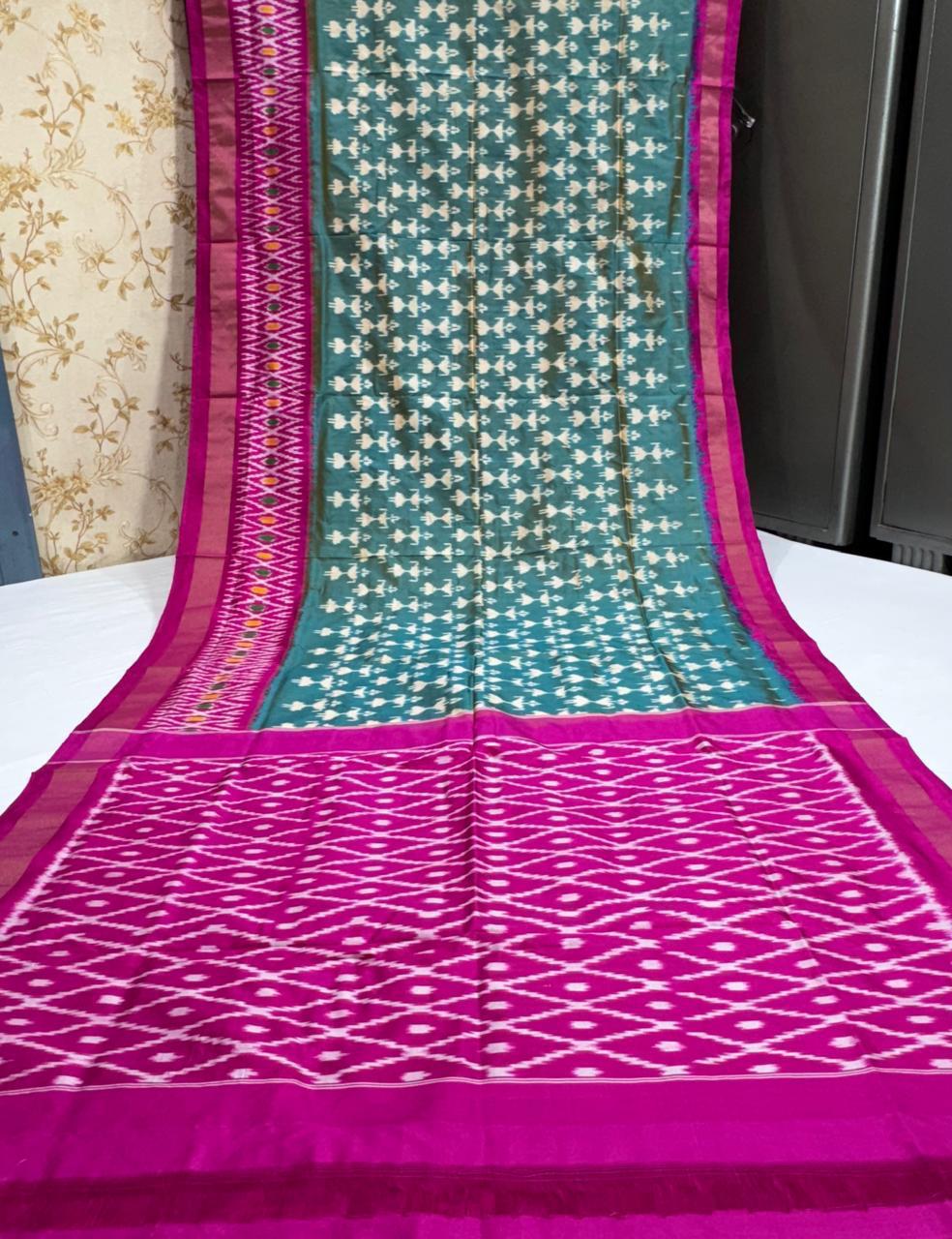 Pure Pochampally Ikkat Silk Saree With Blouse Pthani Pattern Border.