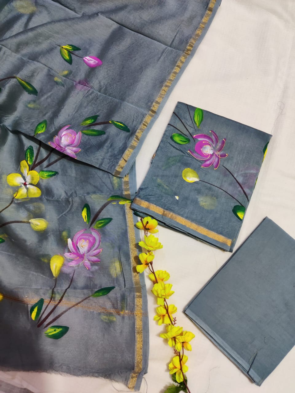Pure Hand Block Chanderi Silk Unstitched Suit.