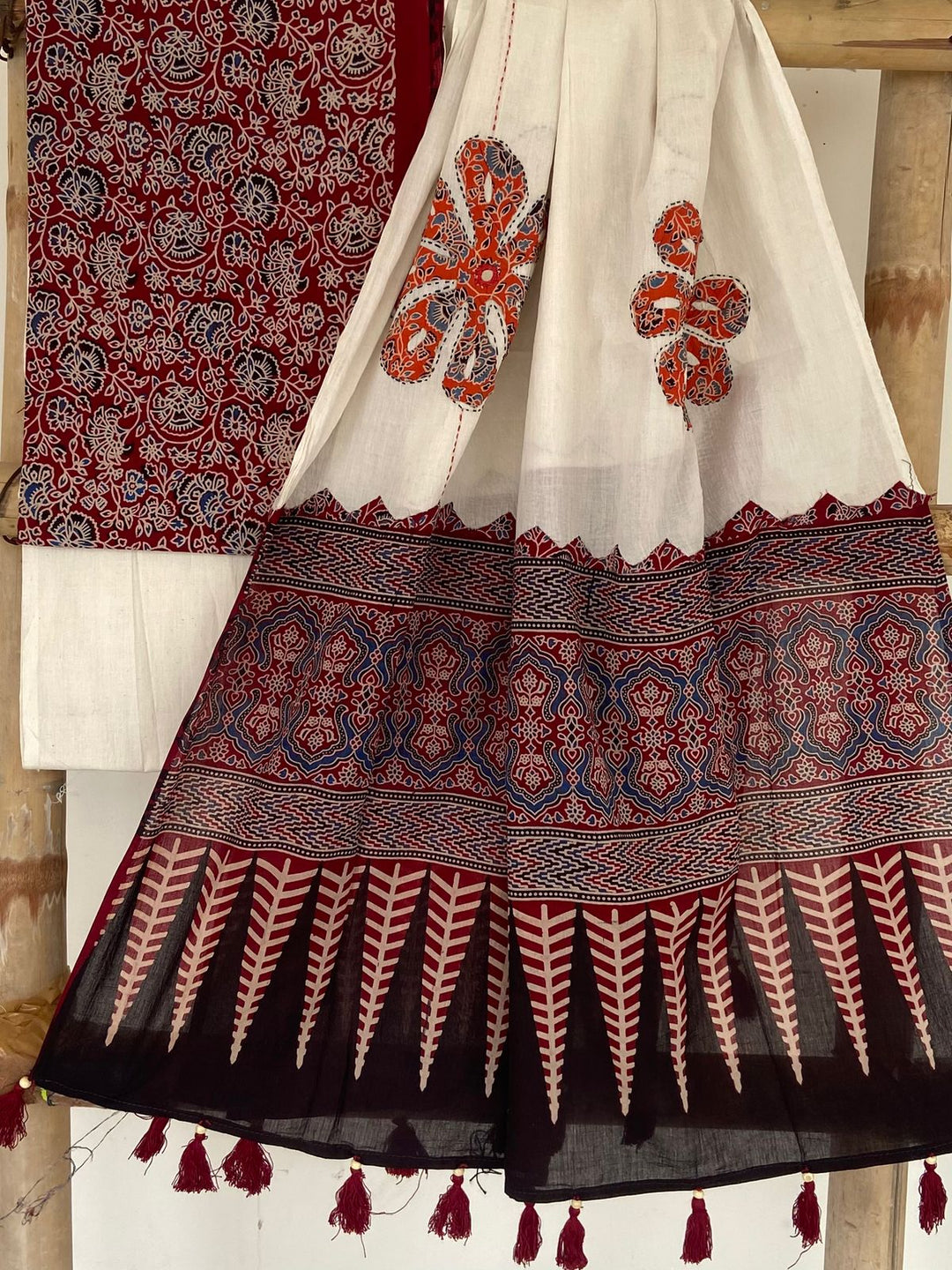 Pure Cotton Azrakh Print Unstitched suit with Patch Work Dupatta