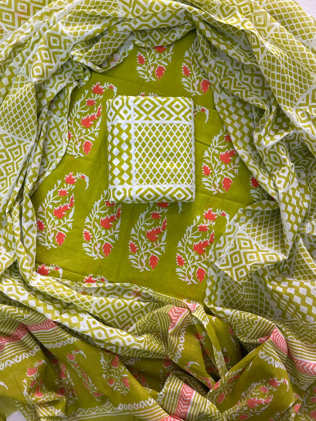 Pure Cotton Hand Block Print Unstitched Suit with Cotton Dupatta.