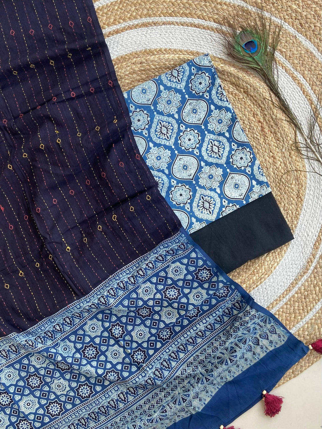 Pure Cotton Azrakh Print Unstitched suit Whit Kantha Work Dupatta
