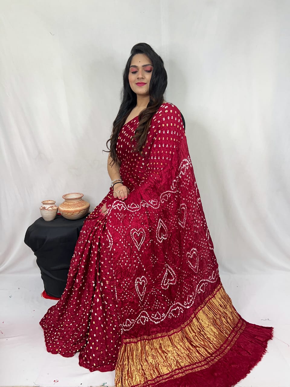 Pure Natural Dyeing Hand Block Bandhej Print Modal silk saree.