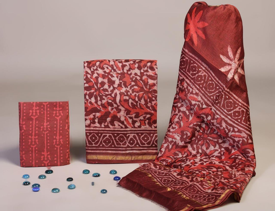 Pure Hand Block Chanderi Silk Unstitched Suit.