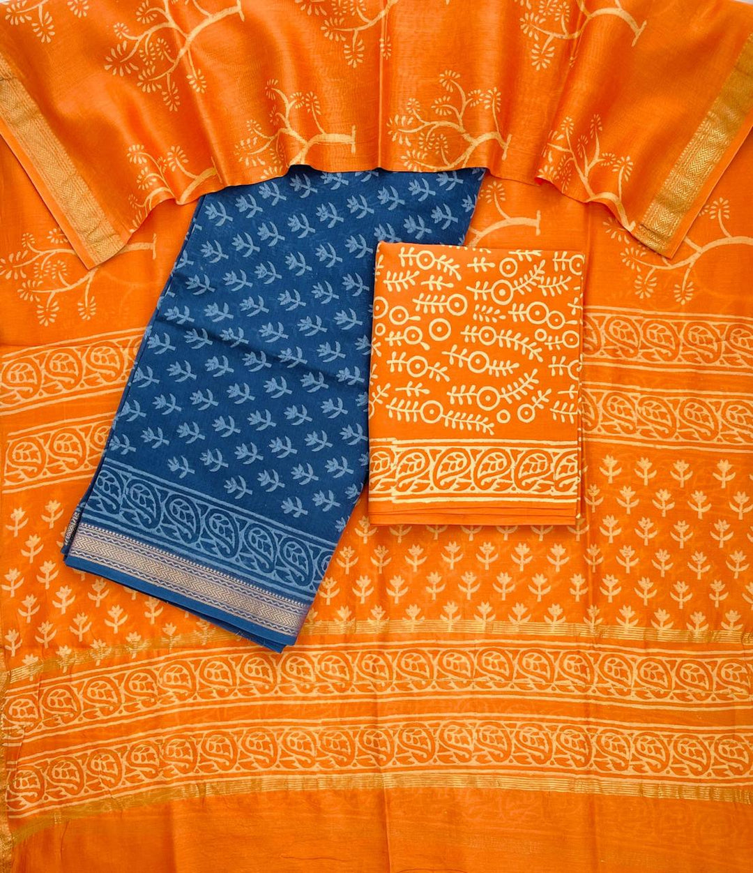 Pure Maheshwari Silk Hand block print Unstitched Suit.