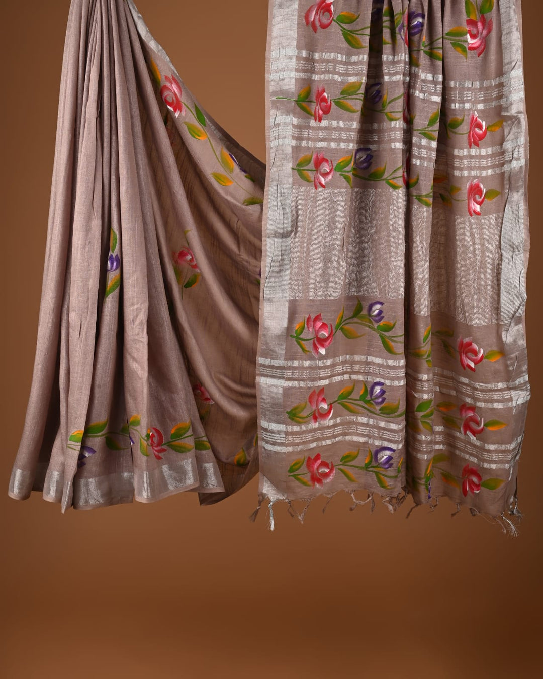 Hand Block Print Linen Saree with Blouse .