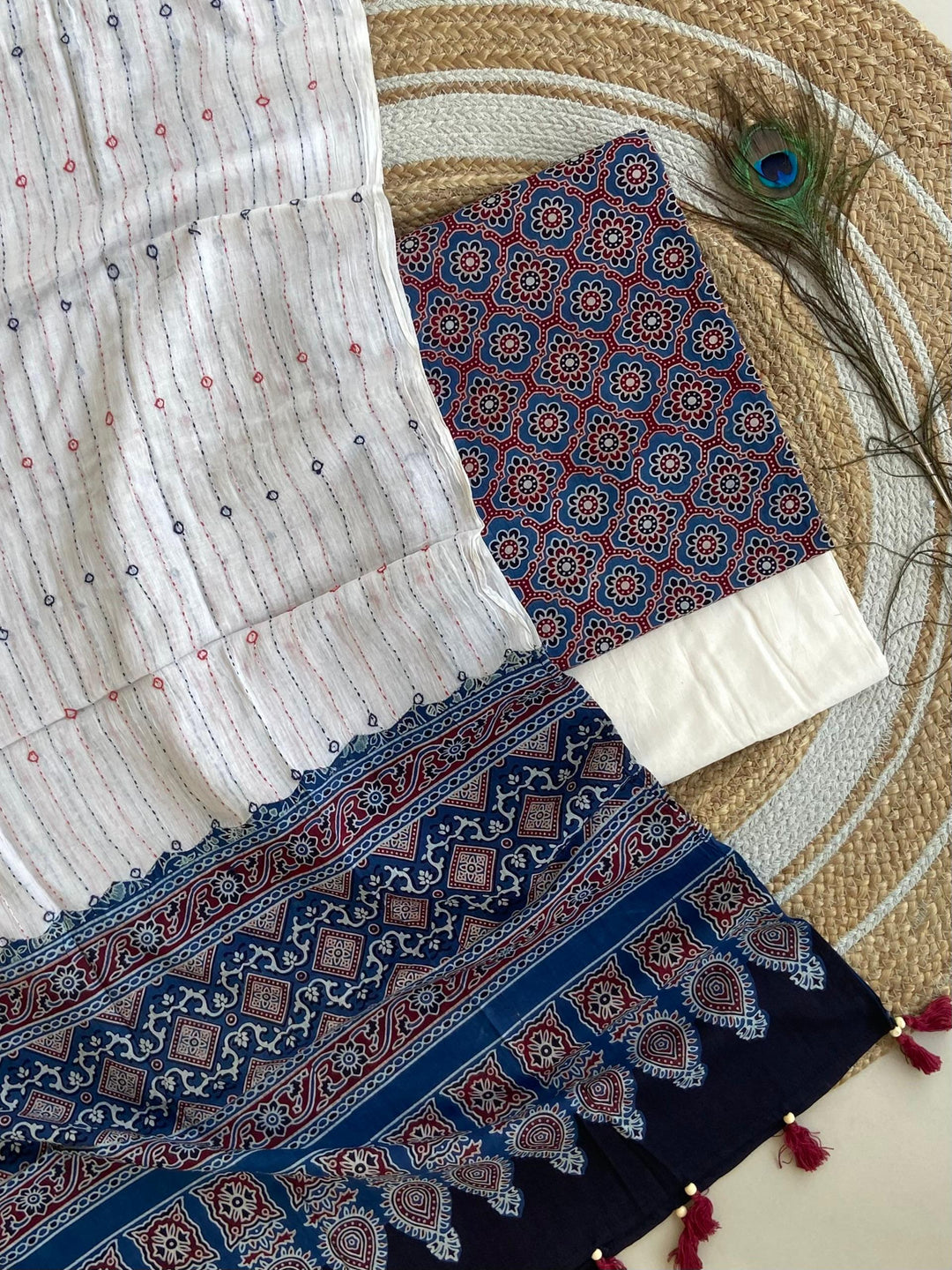 Pure Cotton Azrakh Print Unstitched suit Whit Kantha Work Dupatta