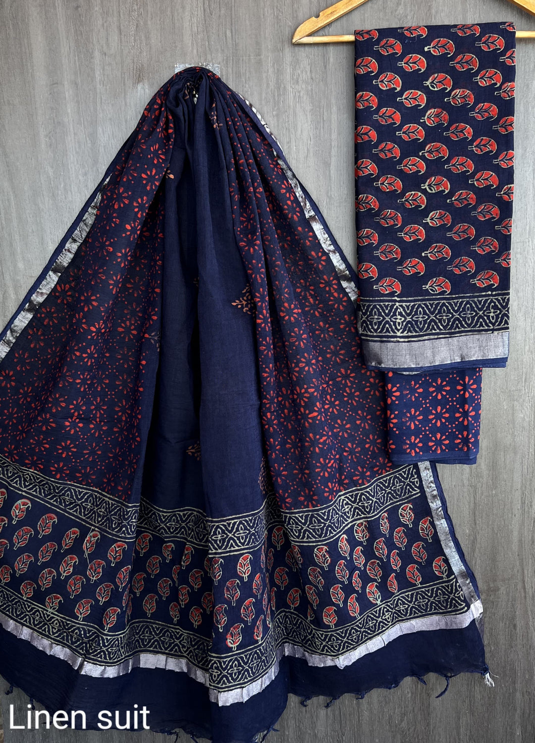 Hand Block Printed Linen Unstitched Suit .