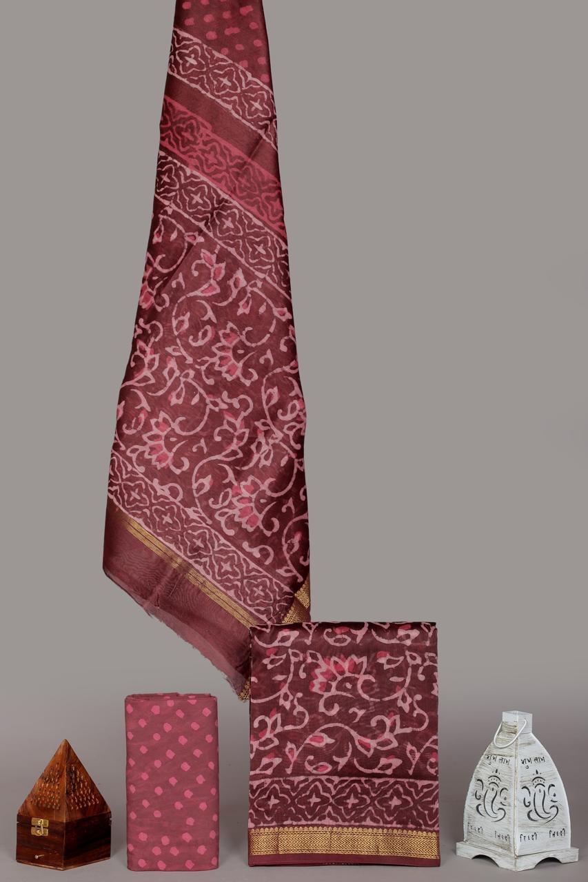 Pure Maheshwari Silk Hand block print Unstitched Suit.
