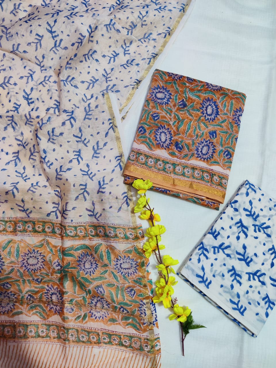 Pure Hand Block Chanderi Silk Unstitched Suit.