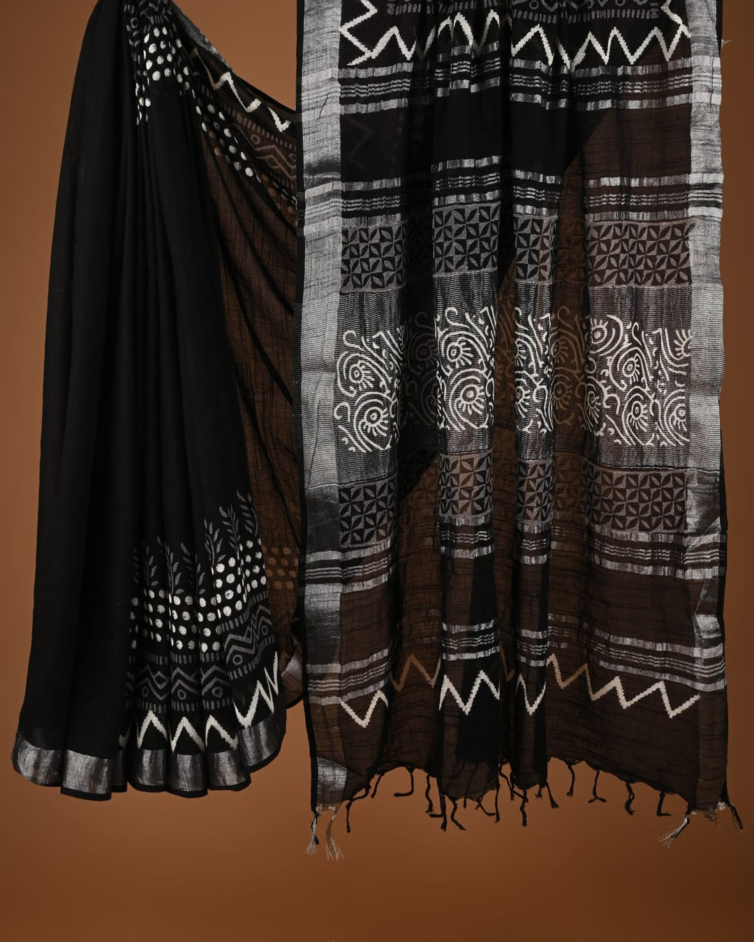 Hand Block Print Linen Saree with Blouse .