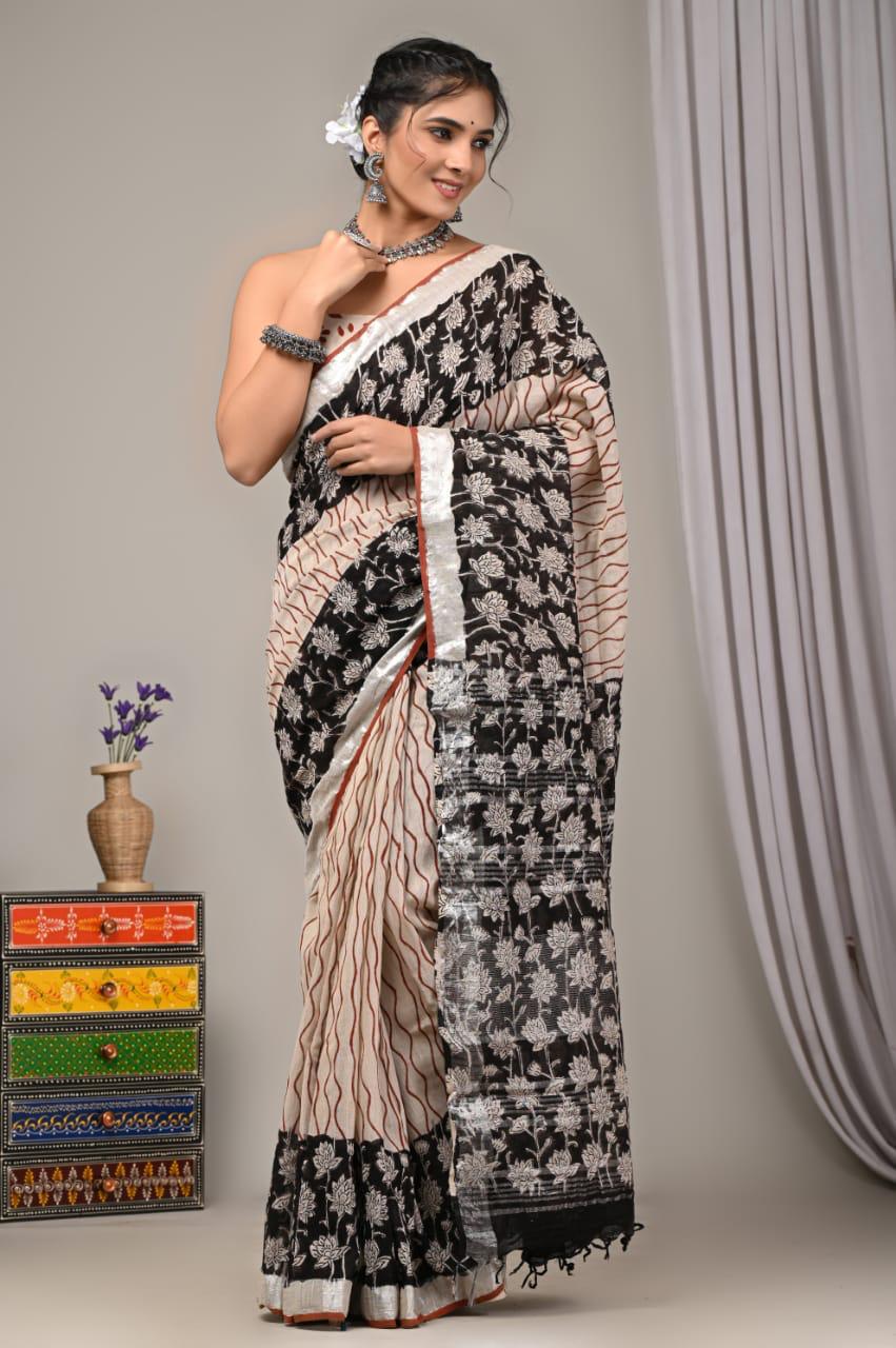 Hand Block Print Linen Saree with Blouse .