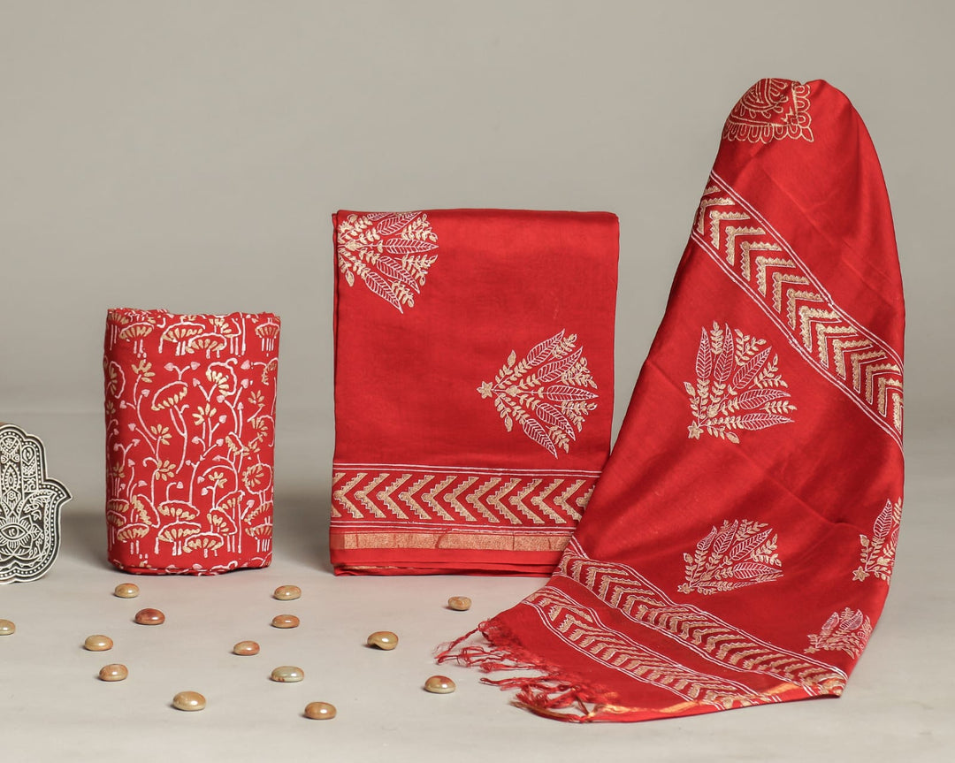 Pure Hand Block Chanderi Silk Unstitched Suit.