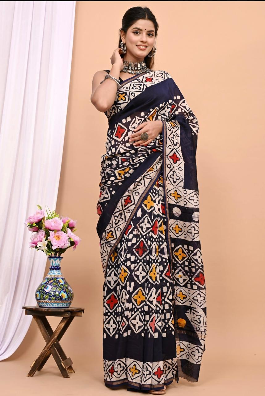 Hand Block Prninted Chanderi Saree .