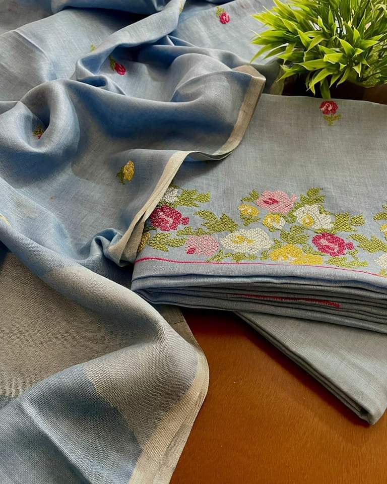 Bhagalpuri Linen By Linen Embroidery Unstitched suit.
