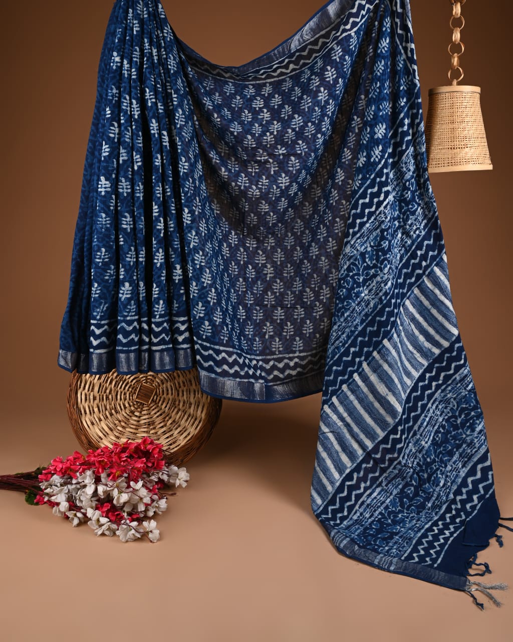 Hand Block Print Linen Saree with Blouse .