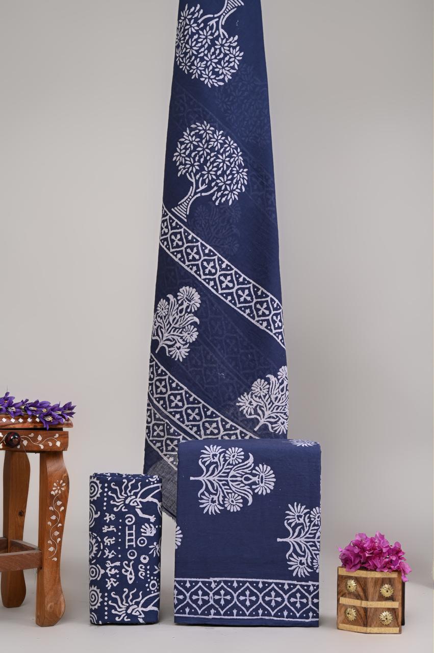 Pure Cotton Hand Block Printed Unstitched Suit Set With Cotton dupatta