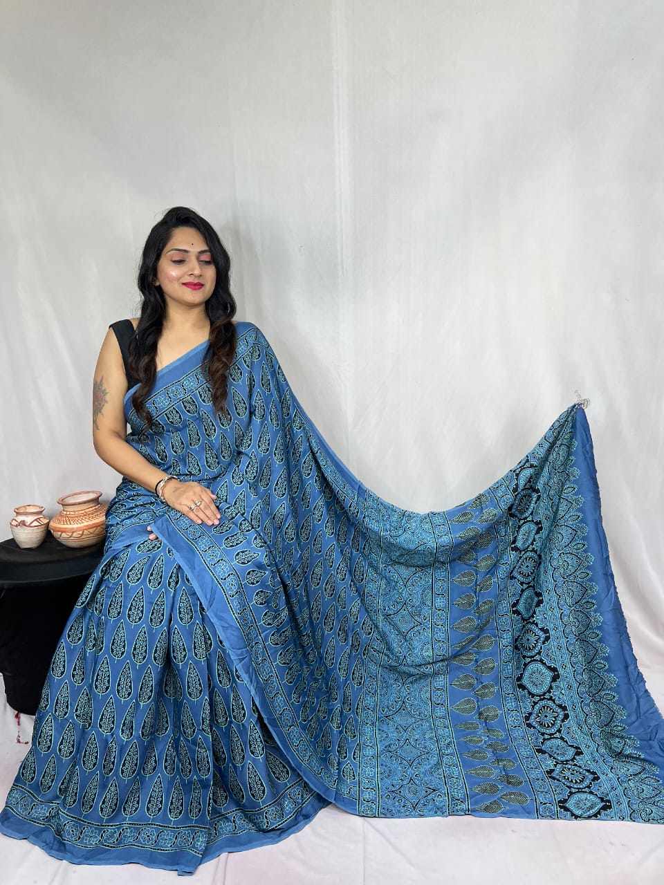 Pure Natural Dyeing Hand Block Print Modal silk saree.