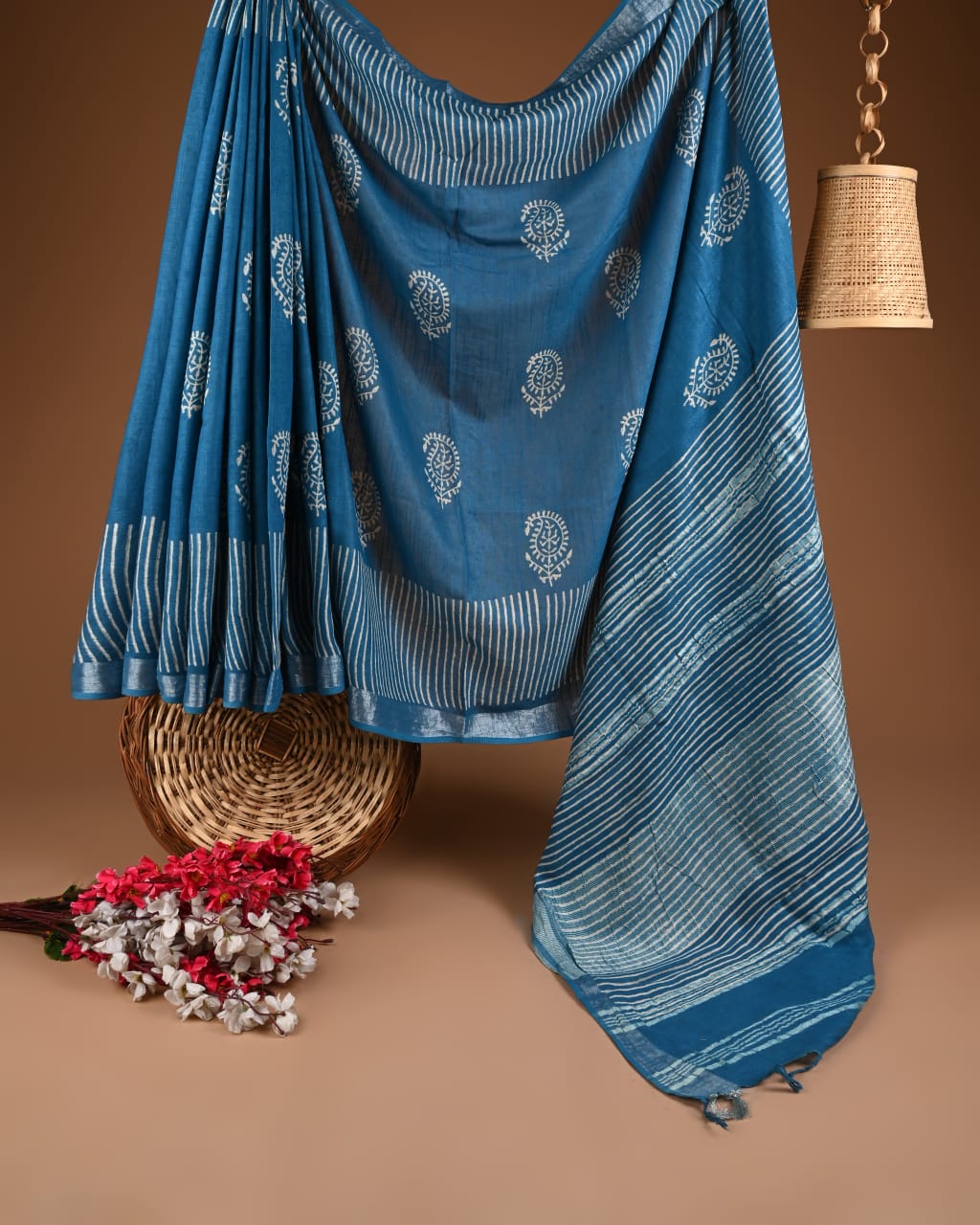Hand Block Print Linen Saree with Blouse .