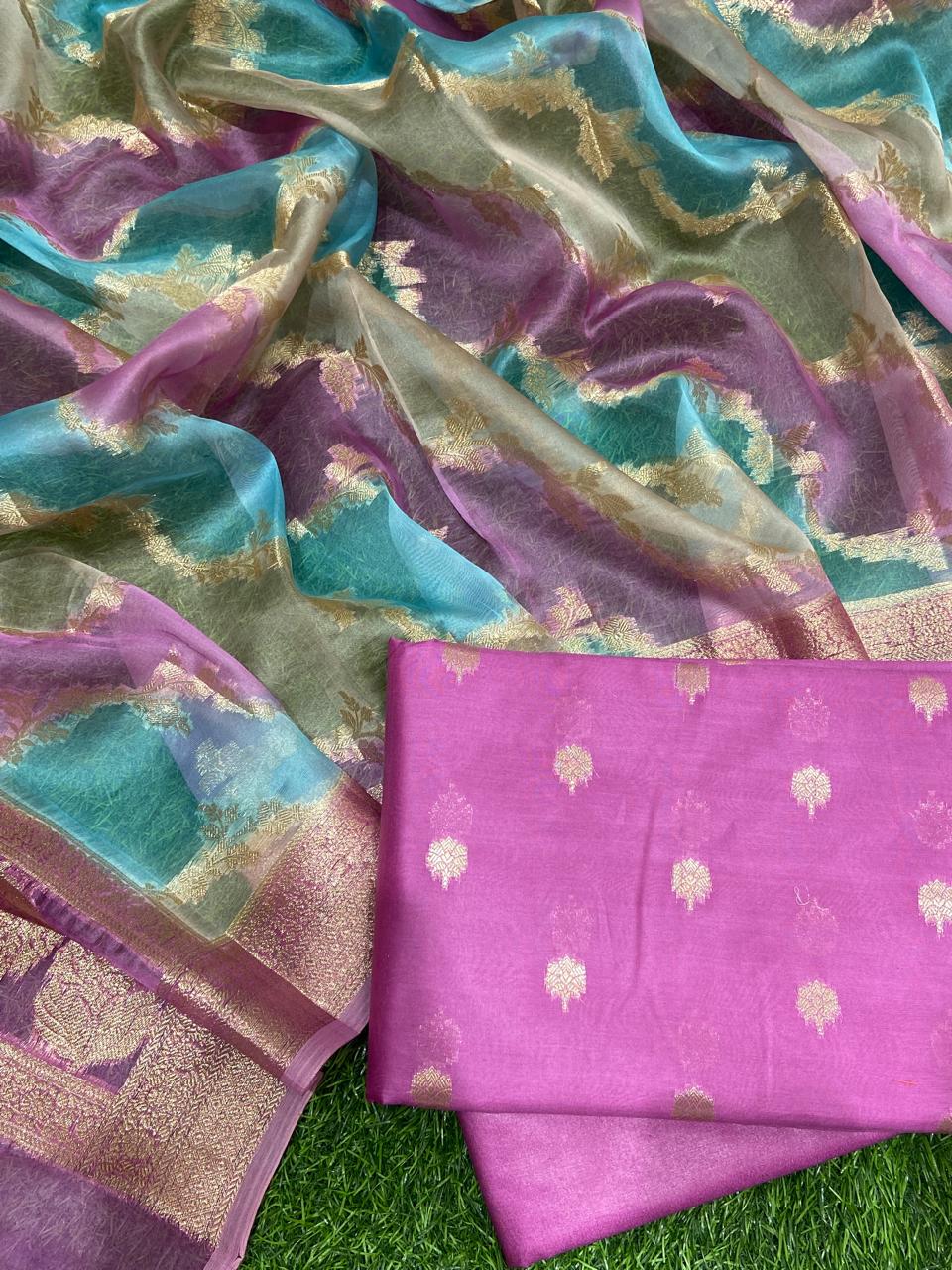 Pure Banarasi Chanderi Silk Zari Work Unstitched Suit With Banarasi Organza Rangkart Dupatta.
