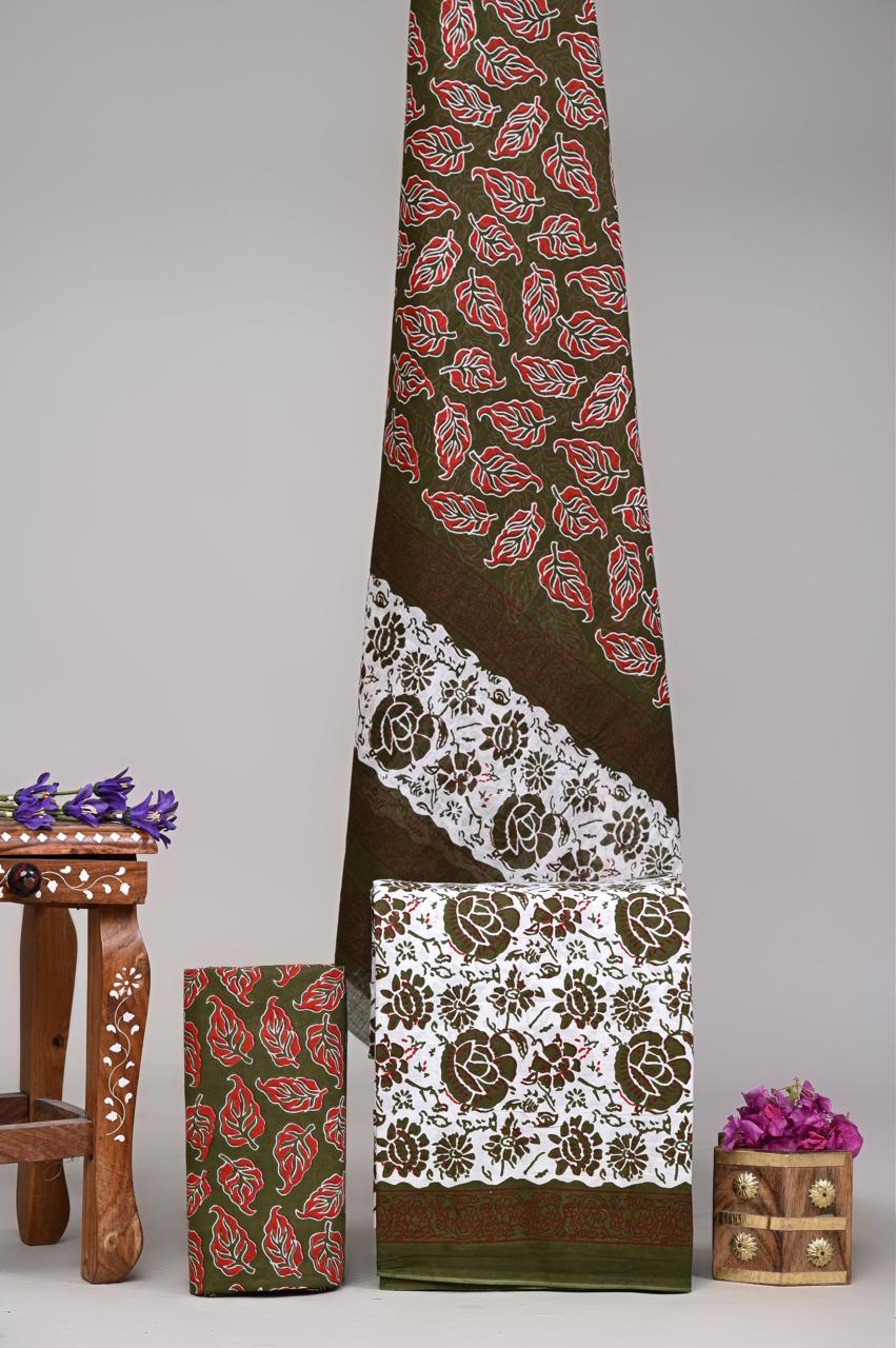 Pure Cotton Hand Block Printed Unstitched Suit Set With Cotton dupatta