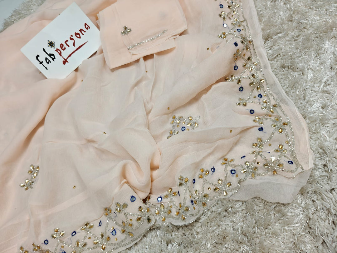 Pure chinon Jerkin work saree With Blouse.