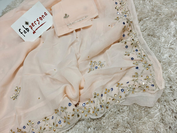 Pure chinon Jerkin work saree With Blouse.