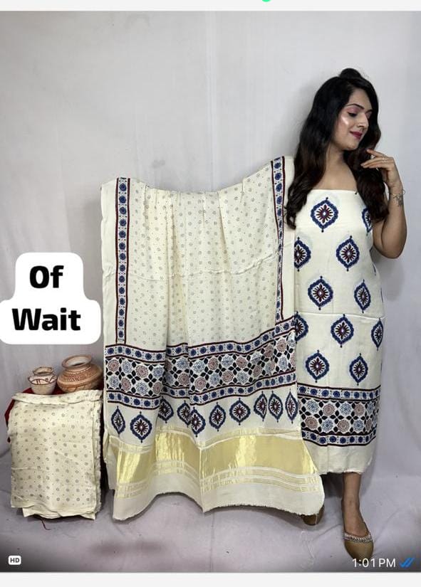 Pure Modal Silk Zari Pallu Weaved 3pc Unstitched Suit .