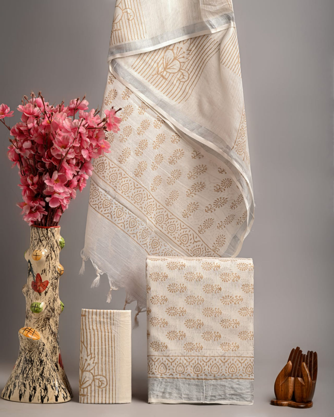 Hand Block Printed Linen Unstitched Suit .