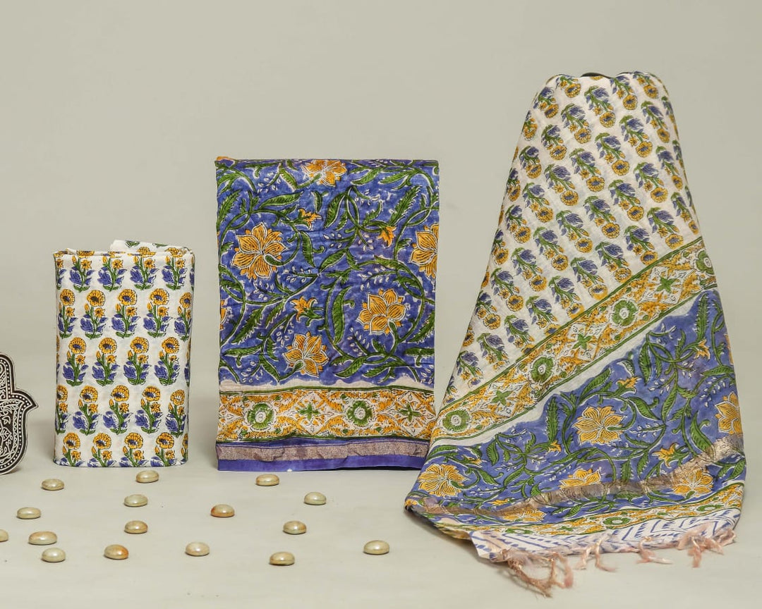 Pure Hand Block Chanderi Silk Unstitched Suit.