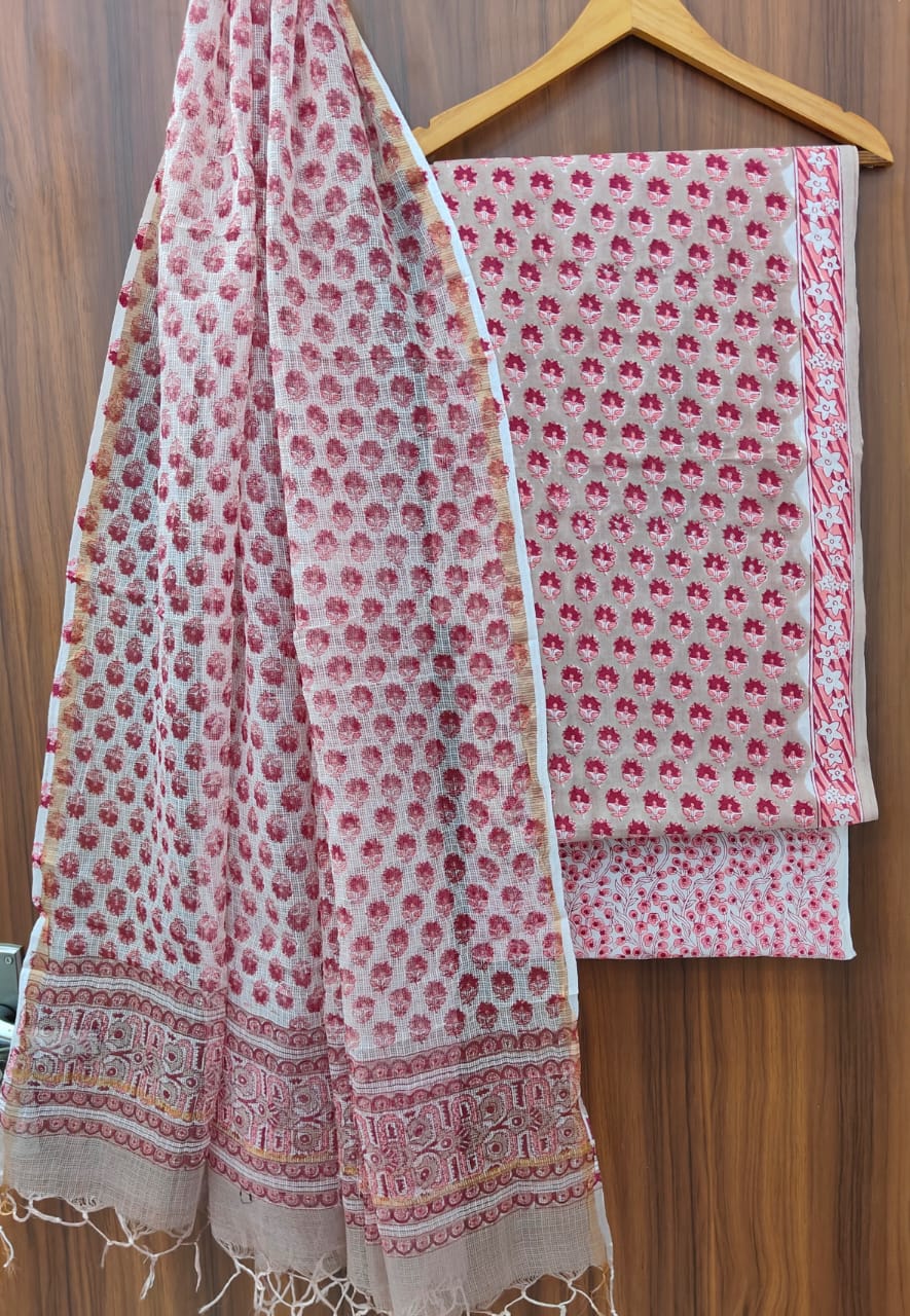 Pure Cotton Hand block print Unstitched Suit with Kota Dupatta .