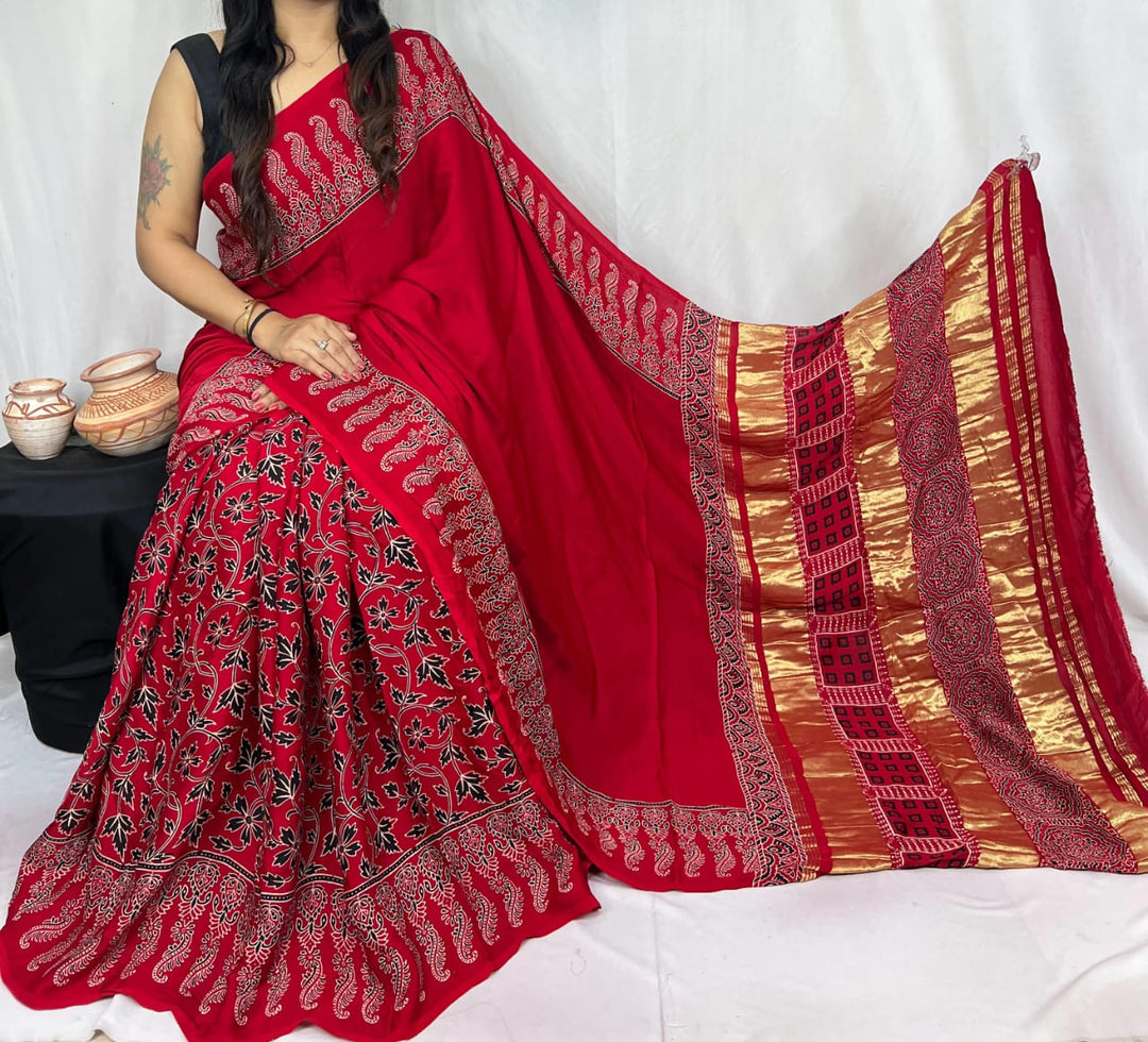 Pure Natural Dyeing Hand Block Print Modal silk saree.