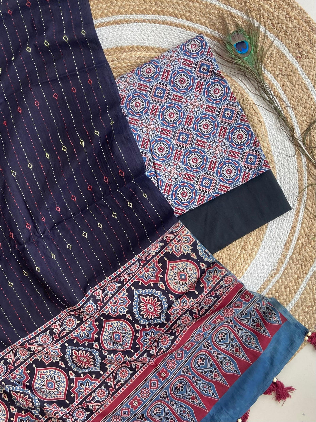 Pure Cotton Azrakh Print Unstitched suit Whit Kantha Work Dupatta