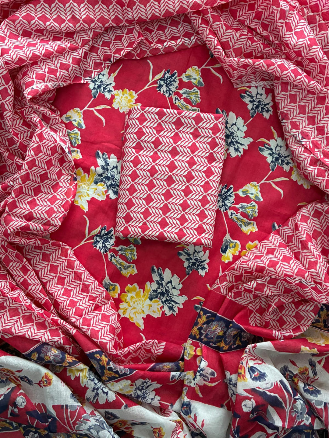 Pure Cotton Hand Block Print Unstitched Suit with Cotton Dupatta.