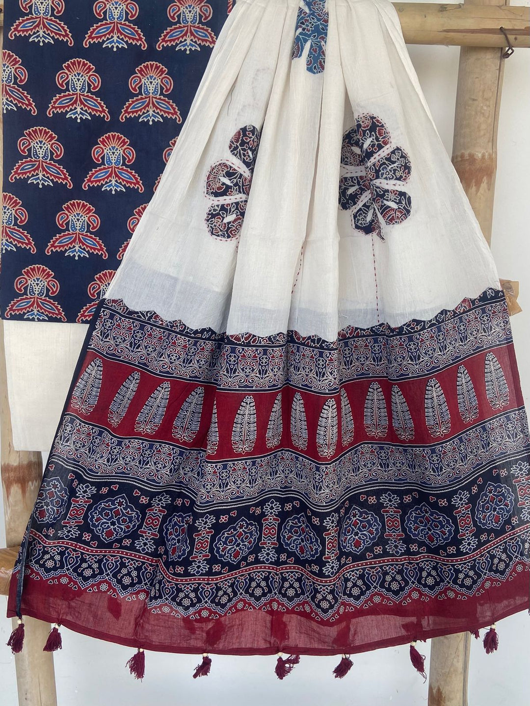 Pure Cotton Azrakh Print Unstitched suit with Patch Work Dupatta