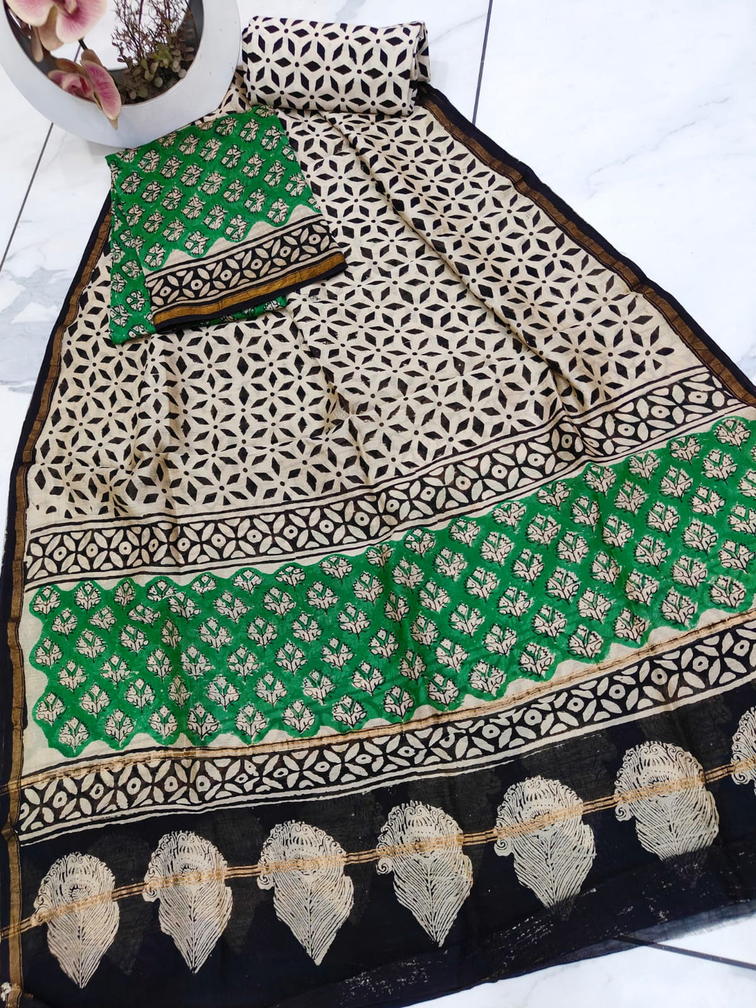 Pure Hand Block Chanderi Silk Unstitched Suit