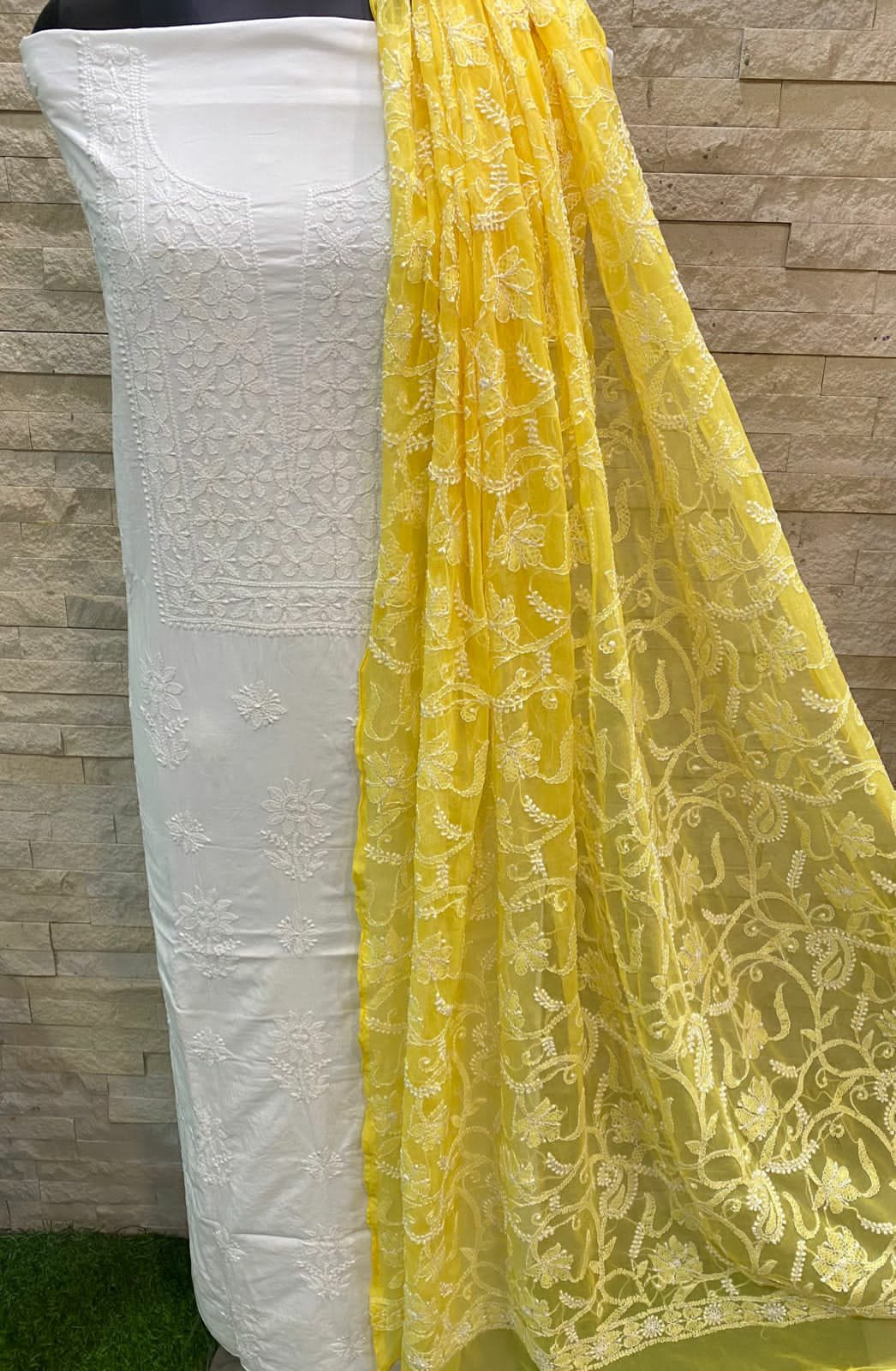 Pure MulMul Cotton Chikankari Unstitched Suit With Chikankari Hand Embroidery Jaal Dupatta