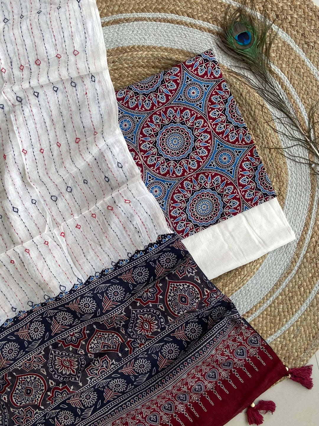 Pure Cotton Azrakh Print Unstitched suit Whit Kantha Work Dupatta