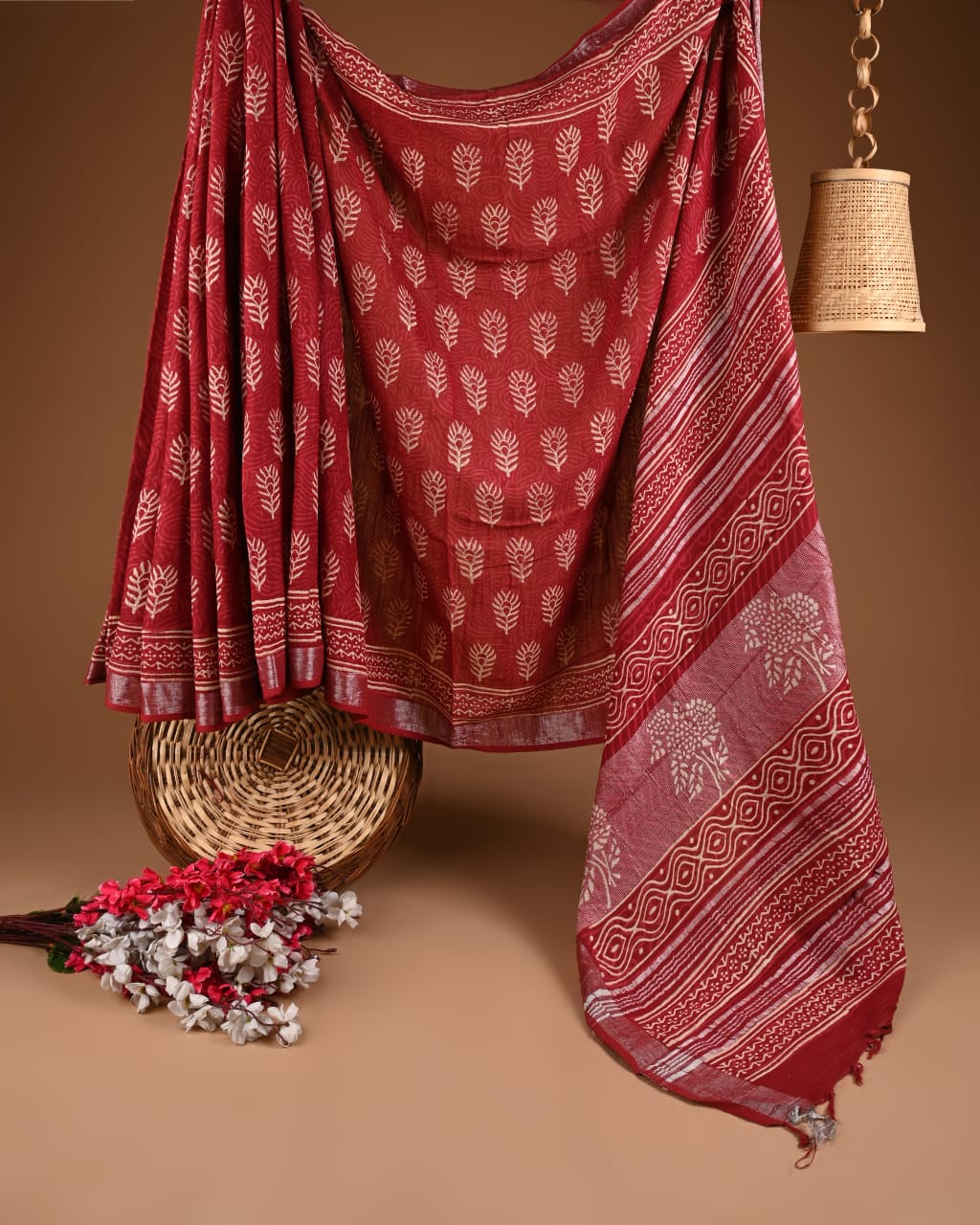Hand Block Print Linen Saree with Blouse .