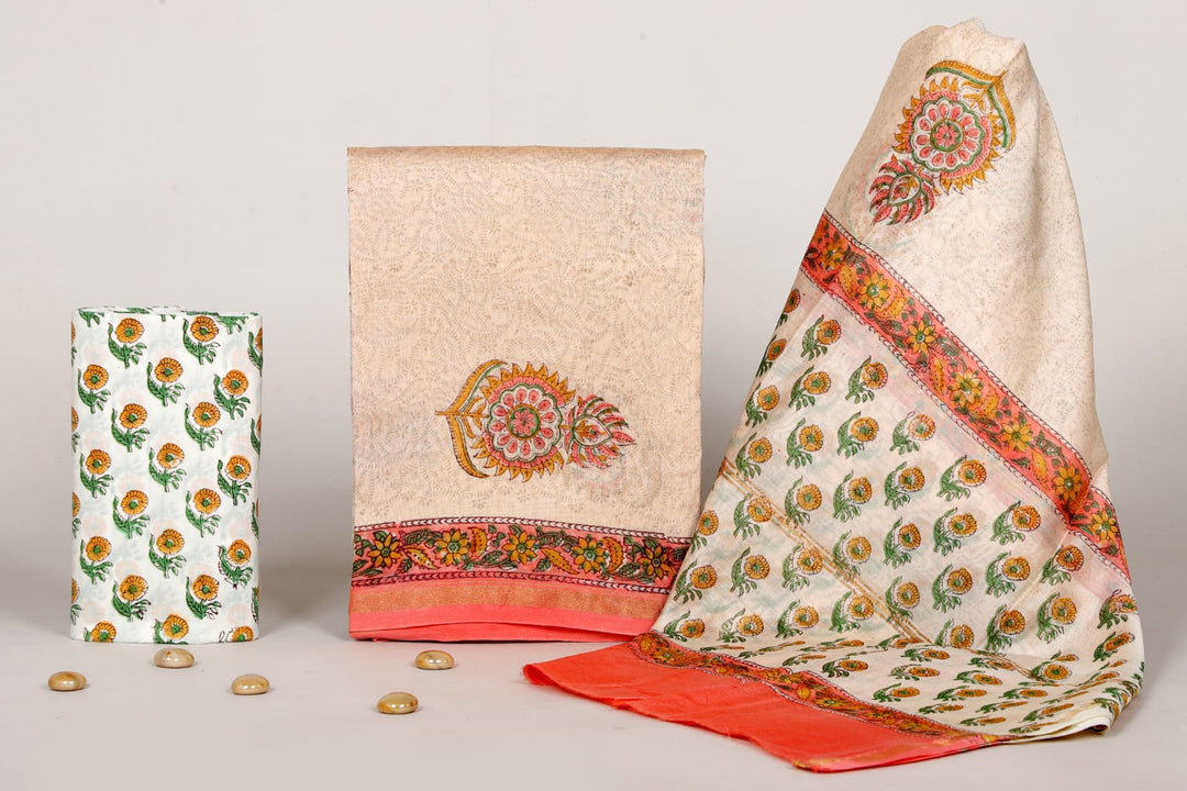 Pure Hand Block Chanderi Silk Unstitched Suit.