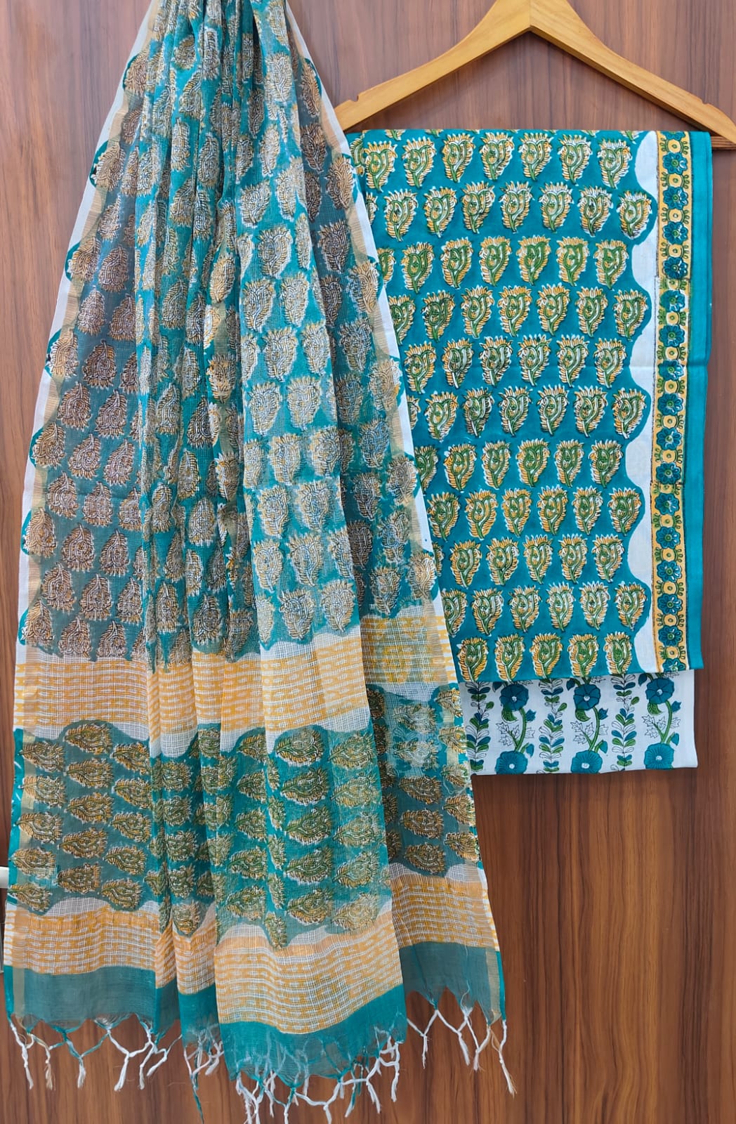 Pure Cotton Hand block print Unstitched Suit with Kota Dupatta.