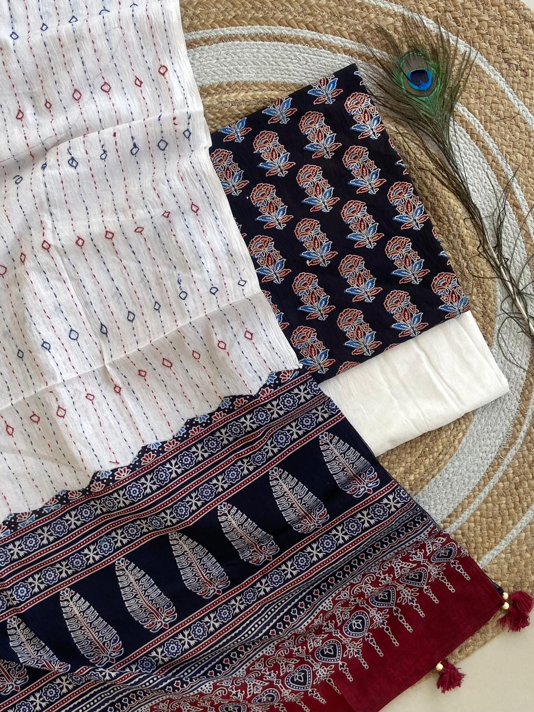 Pure Cotton Azrakh Print Unstitched suit Whit Kantha Work Dupatta