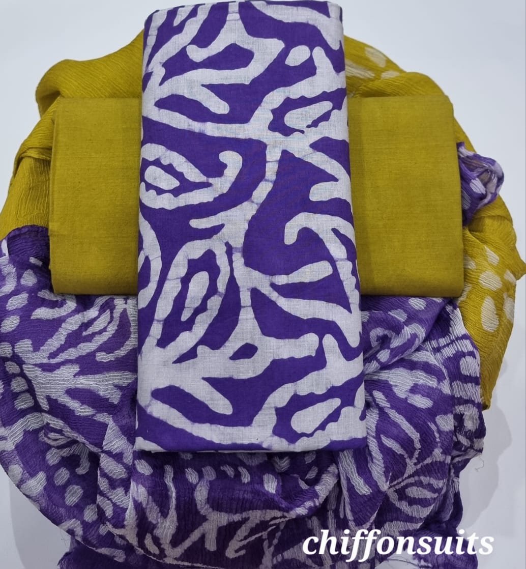 Pure Cotton Hand Block Print Unstitched Suit with chiffon dupatta .