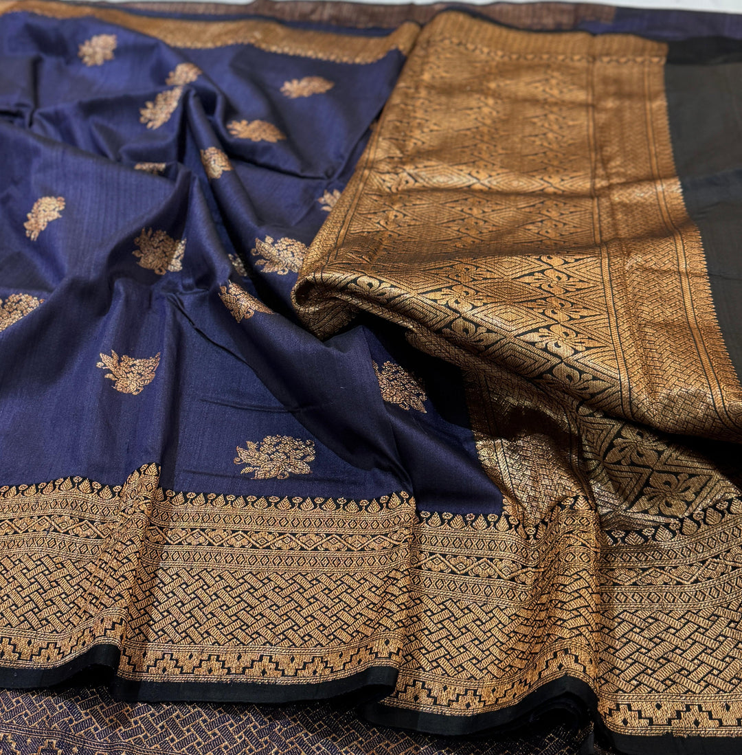 HandloomPure Banarasi Tussar Silk Saree With Kadhuwa Border Work.